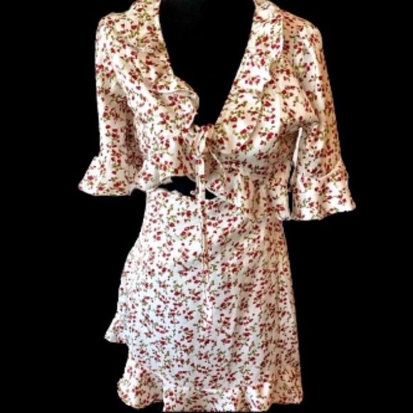 NEW floral summer mini dress front tie ruffled keyhole cutout pinup retro LARGE - Picture 3 of 16